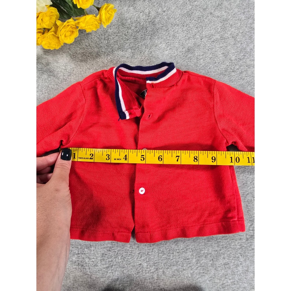 Vintage 70s Baby Boy Red Cardigan Navy Blue Pants Set Sport Football Detail 6-9m - Picture 10 of 16